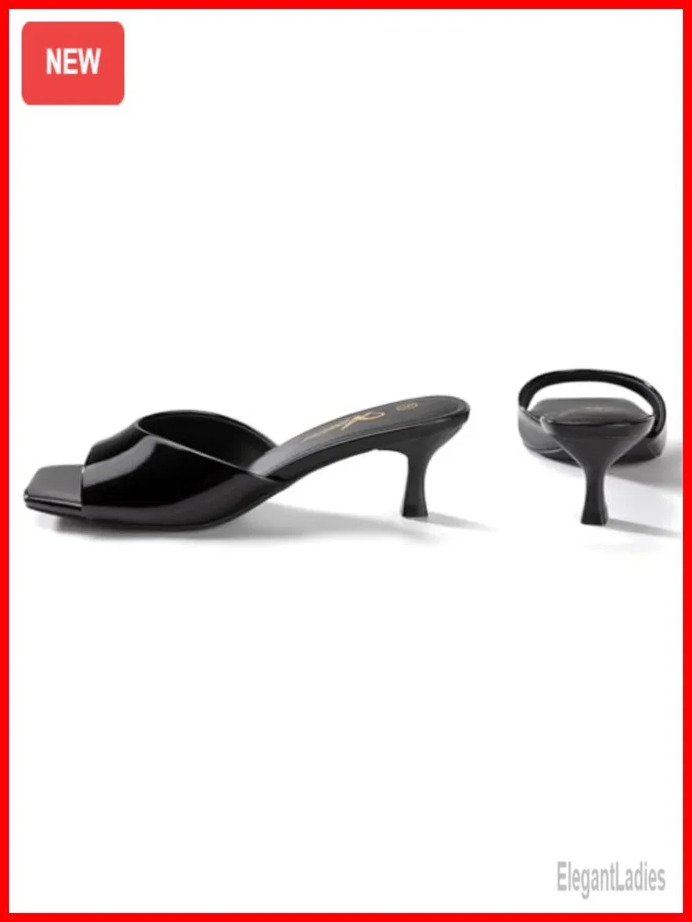 Kitten Heels Square Open Toe Low Heel PU Leather Slip On Sandals